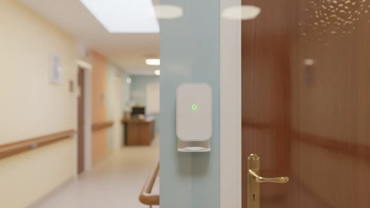 Unbranded access control reader in a UK care‑home corridor with wander detection tag.