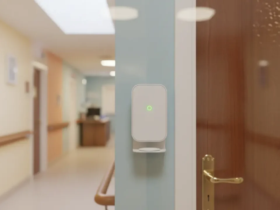 Unbranded access control reader in a UK care‑home corridor with wander detection tag.