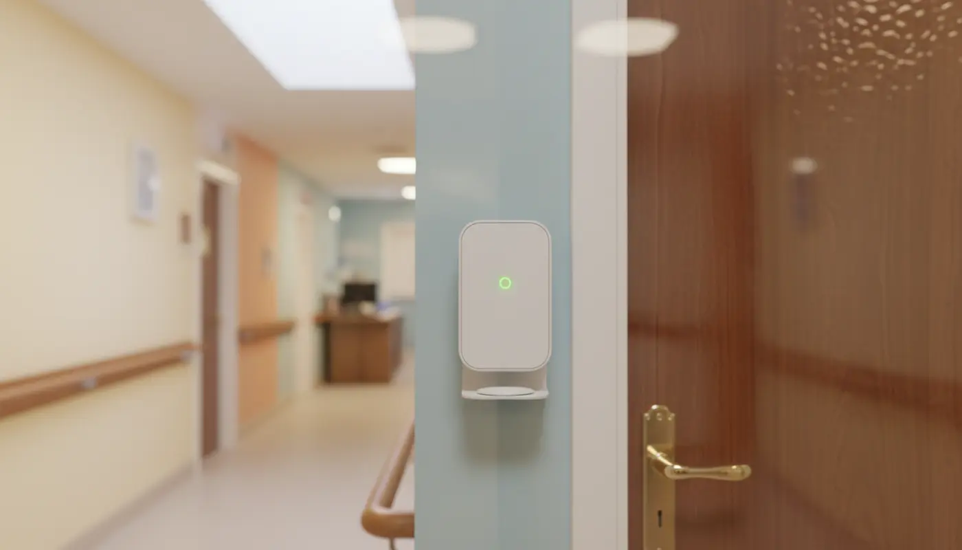 Access Control for Care Homes in the North West: Wander Detection Unbranded access control reader in a UK care‑home corridor with wander detection tag.
