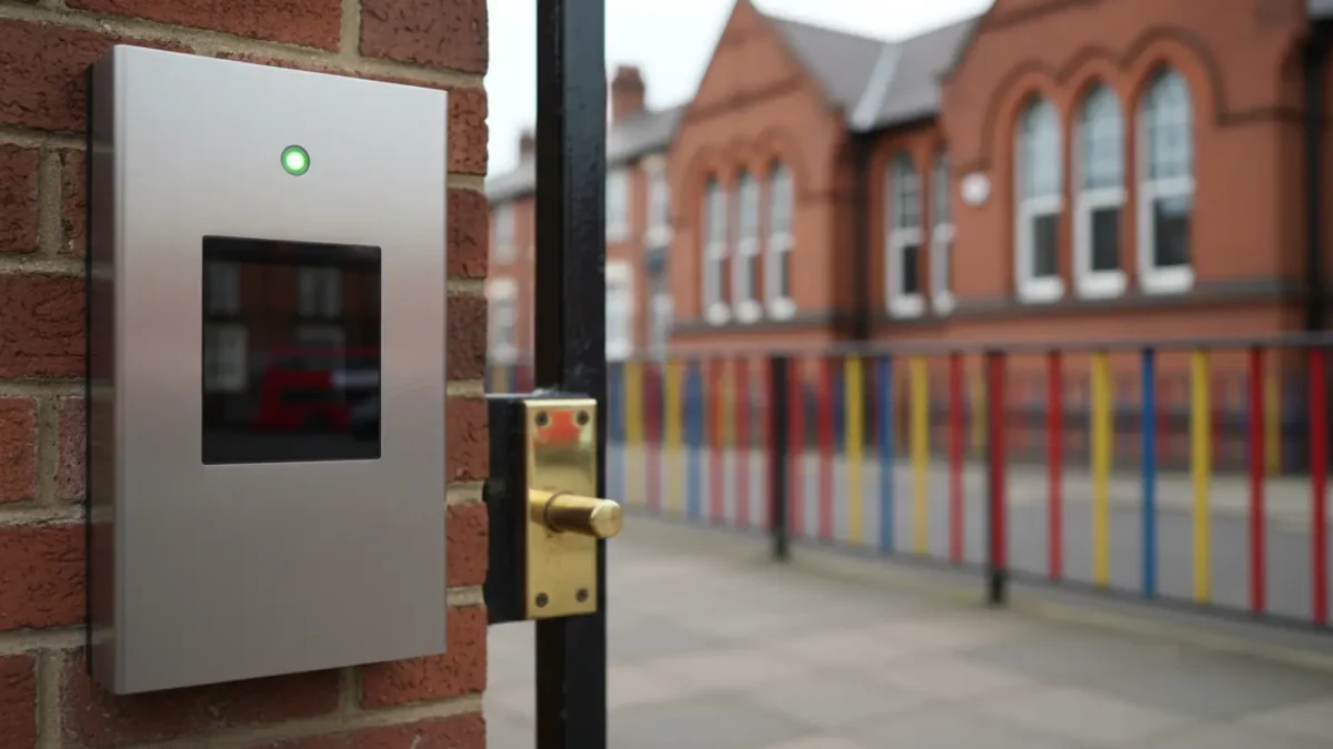 Video intercom panel at Manchester primary school gate showing controlled visitor access.
