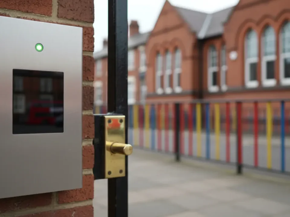 Video intercom panel at Manchester primary school gate showing controlled visitor access.
