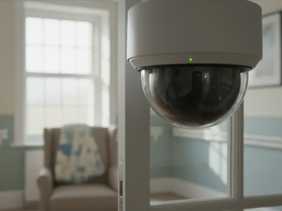 CCTV dome camera viewed through a care‑home corridor door in soft morning UK light.
