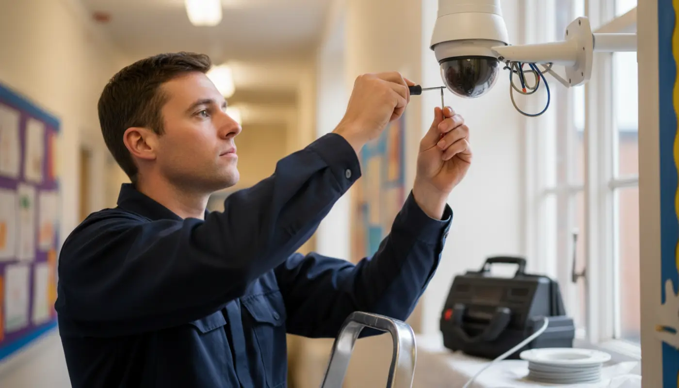CCTV for Primary Schools in Manchester: Safeguarding Engineer installing an unbranded dome CCTV camera in a Manchester primary school corridor.