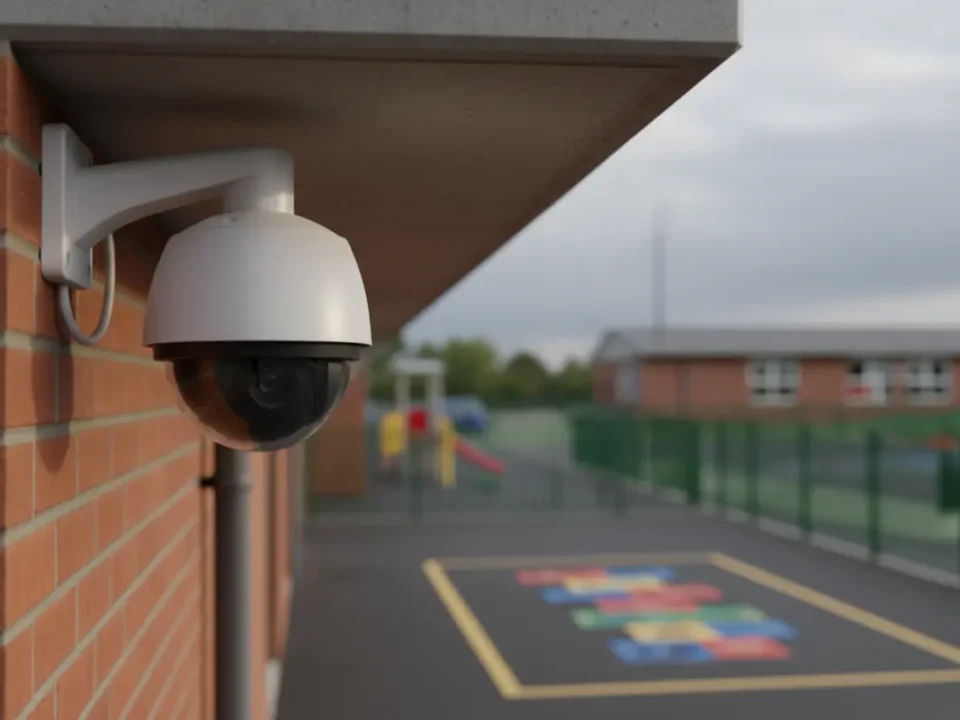 Unbranded CCTV dome camera at a Manchester primary school entrance for safeguarding.