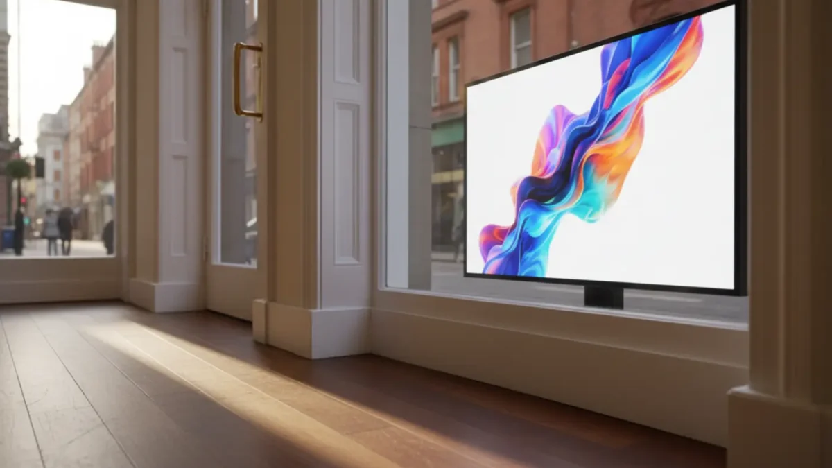 Digital retail display screen inside a Manchester shopfront with abstract visuals.