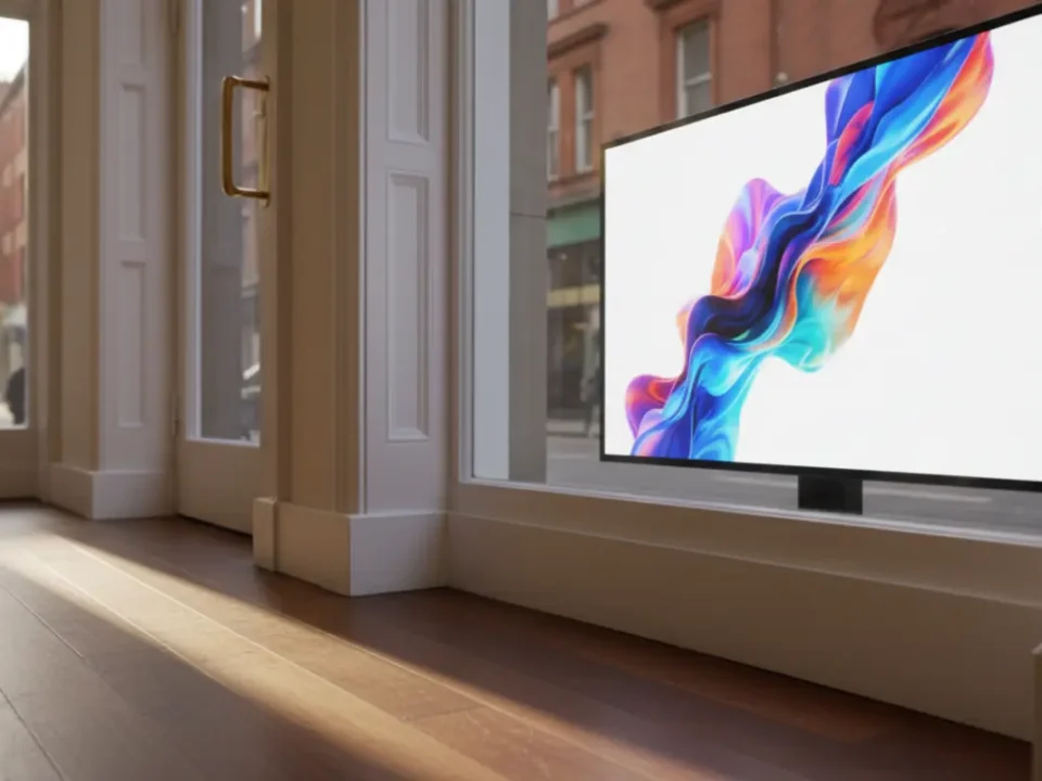 Digital retail display screen inside a Manchester shopfront with abstract visuals.