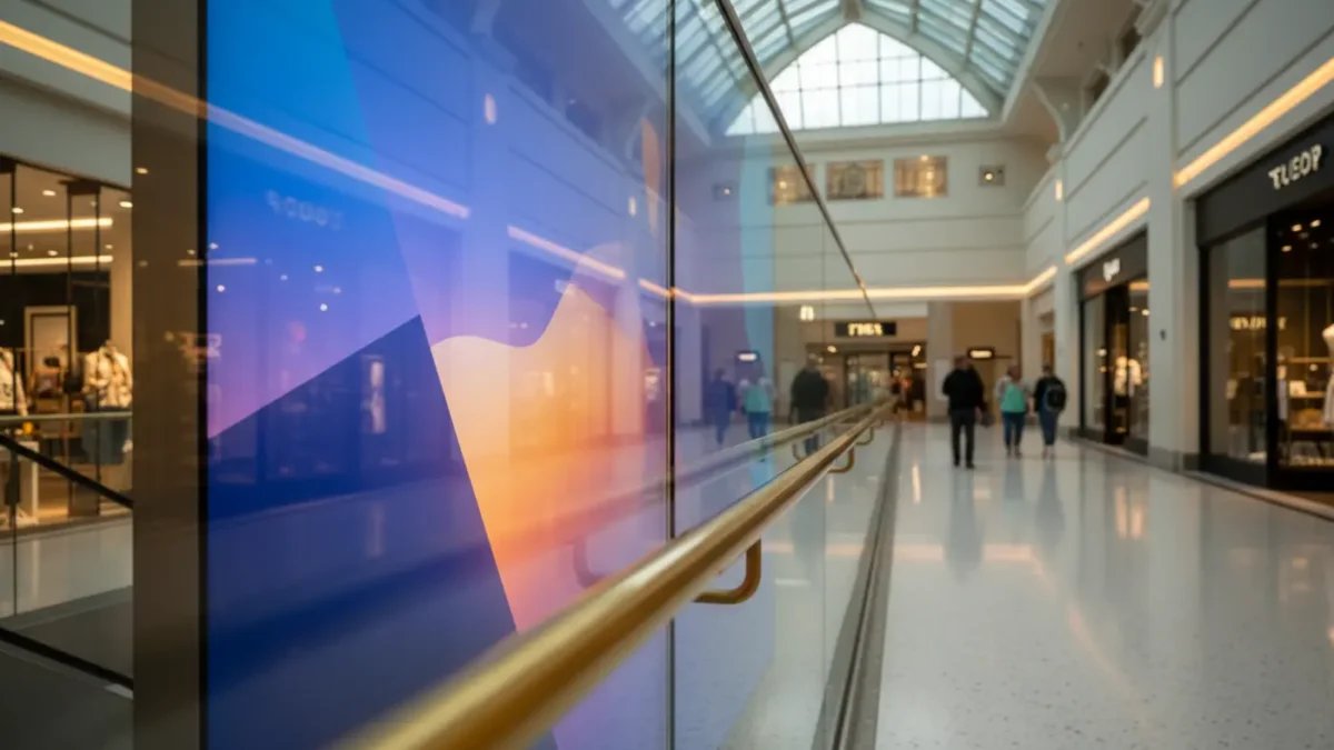 Large digital signage screen in a UK shopping centre concourse, angled through glass.