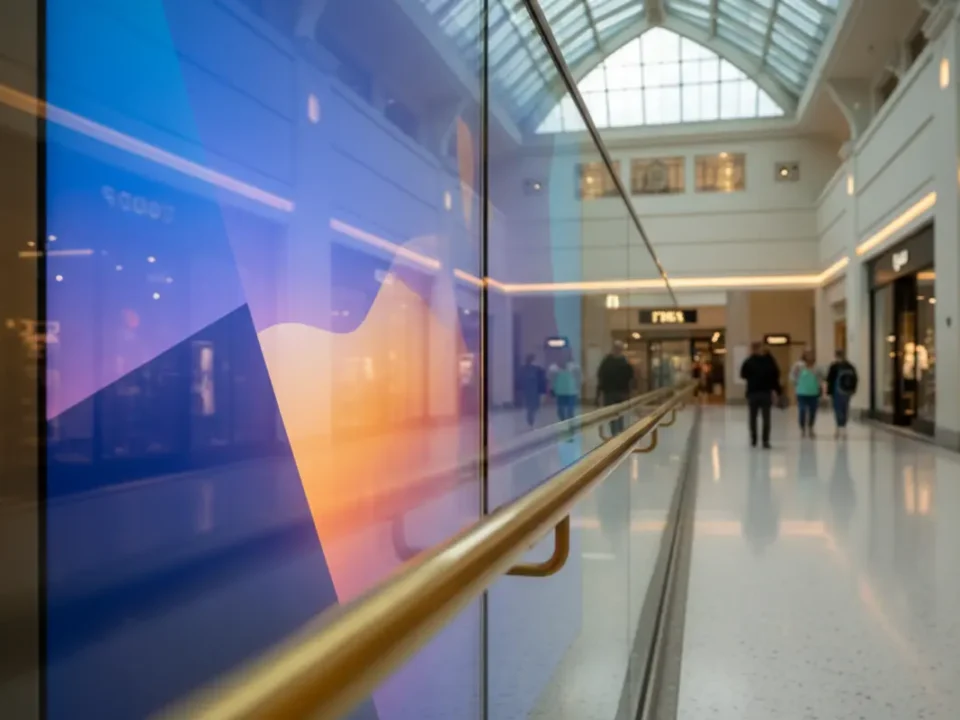 Large digital signage screen in a UK shopping centre concourse, angled through glass.