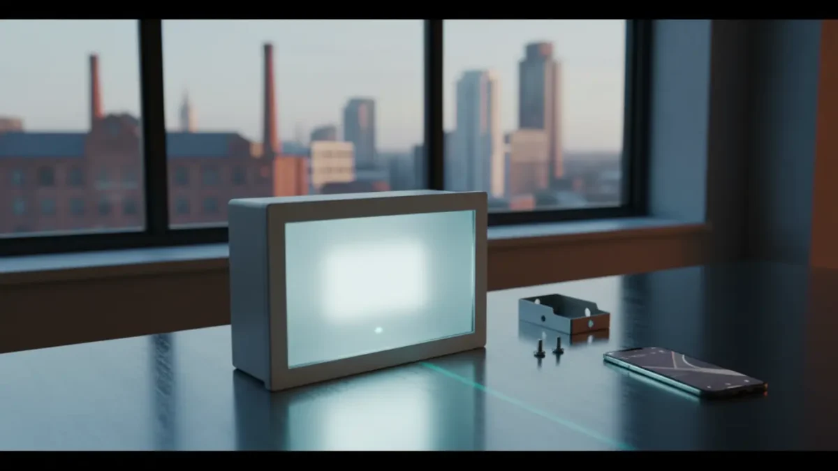 Emergency LED bulkhead light displayed on brushed steel near a Manchester office window for BS 5266 guidance.