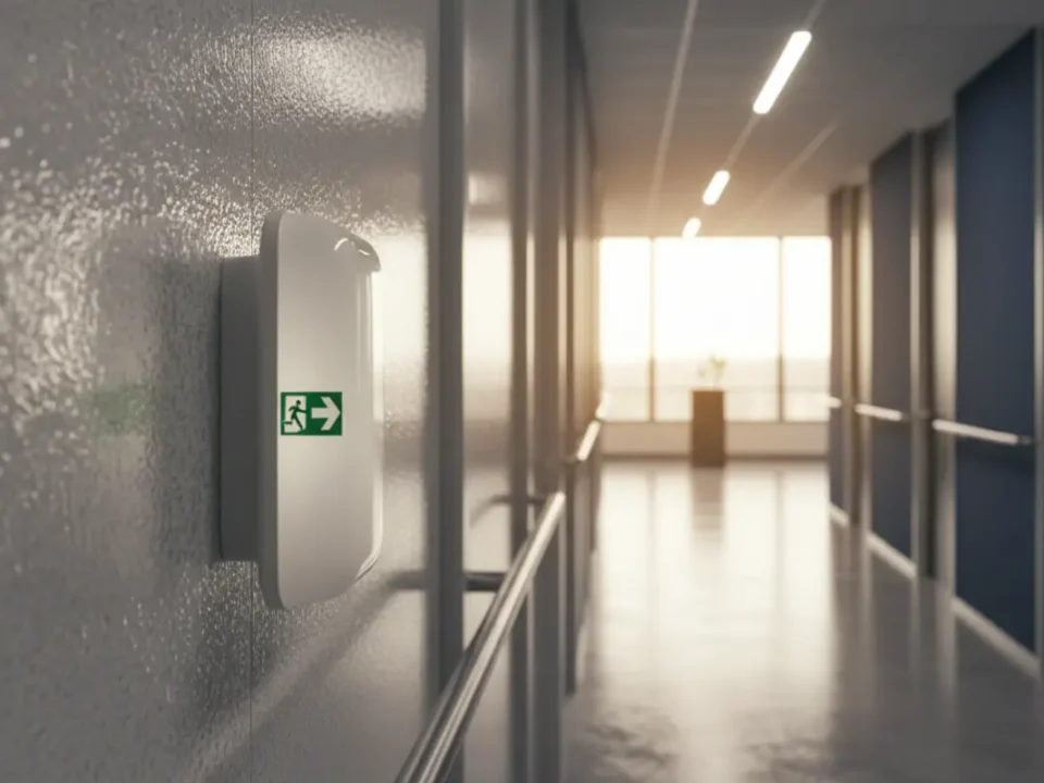 Unbranded LED emergency lighting bulkhead in a Manchester office corridor with soft morning light.