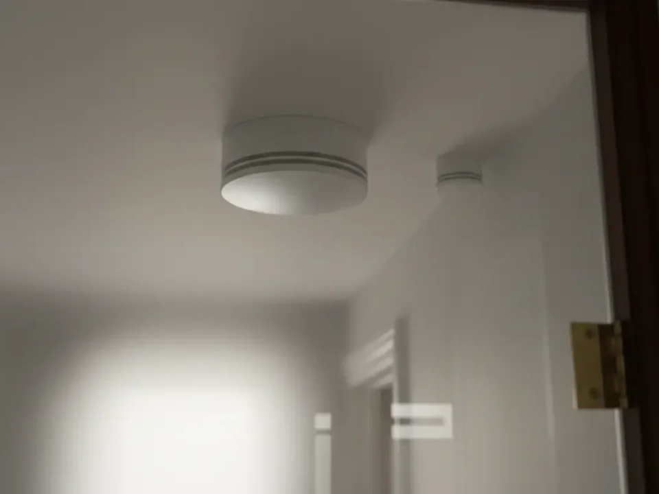 Smoke and heat alarms in a Manchester HMO hallway shown in a premium editorial style.