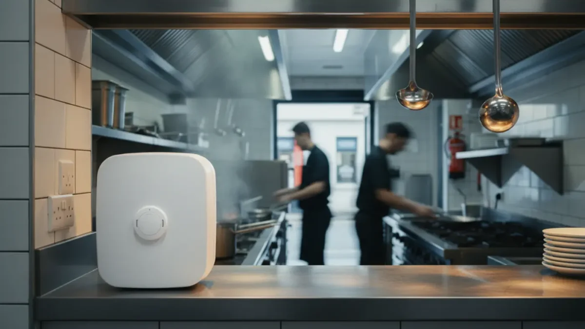 Commercial heat detector above a Manchester restaurant kitchen pass for fire alarm compliance.