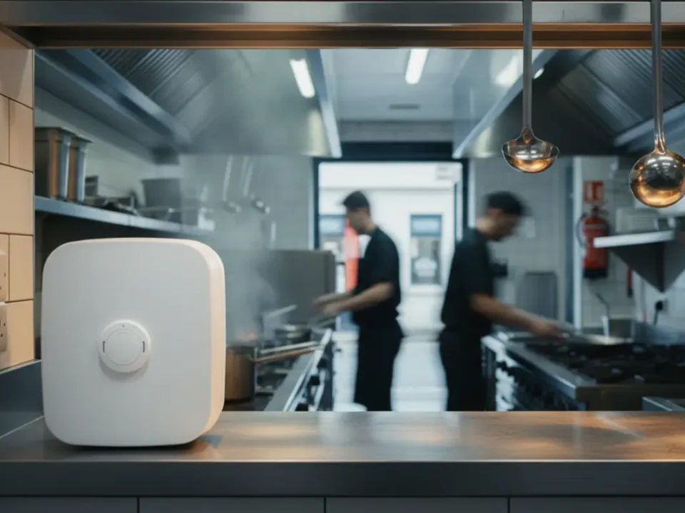 Commercial heat detector above a Manchester restaurant kitchen pass for fire alarm compliance.
