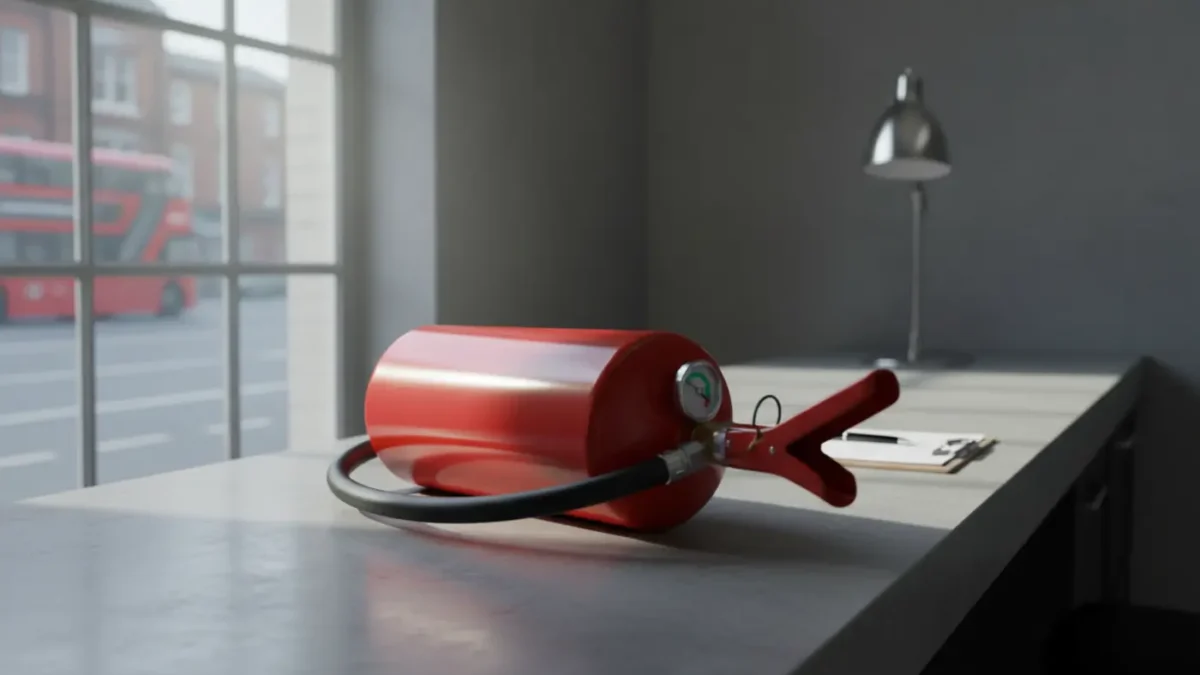 Fire extinguisher on concrete counter in Manchester office with soft daylight, BS 5306 theme.