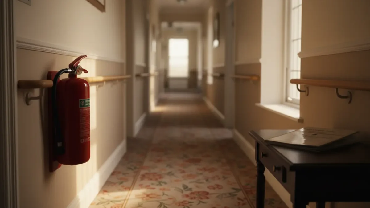 Water fire extinguisher on a care home corridor wall in the North West, lit by soft morning light.