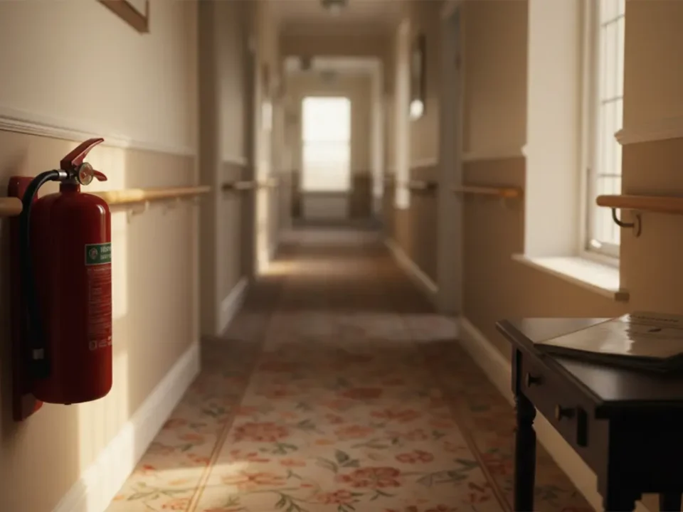 Water fire extinguisher on a care home corridor wall in the North West, lit by soft morning light.