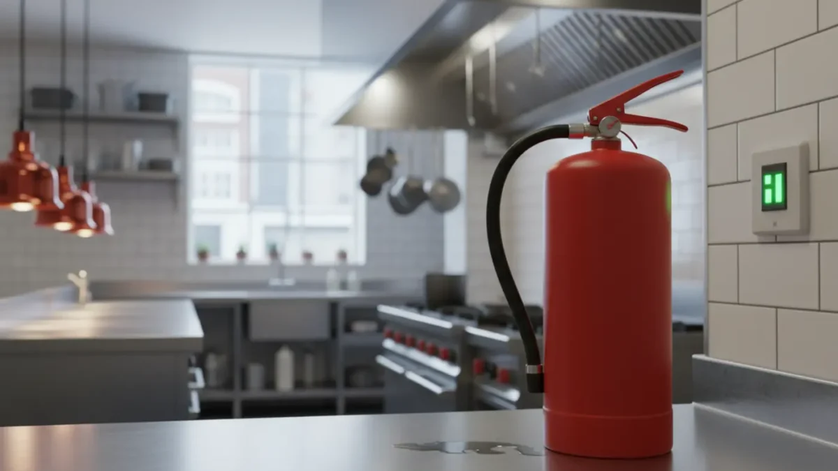 Wet chemical fire extinguisher in a Manchester gastropub kitchen, Class F focus.