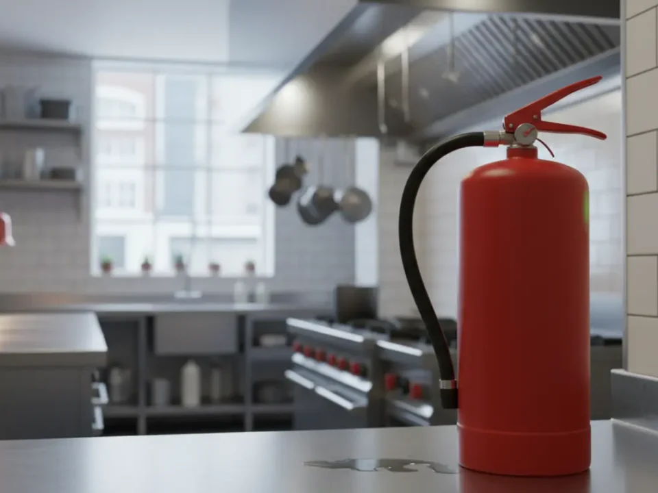 Wet chemical fire extinguisher in a Manchester gastropub kitchen, Class F focus.