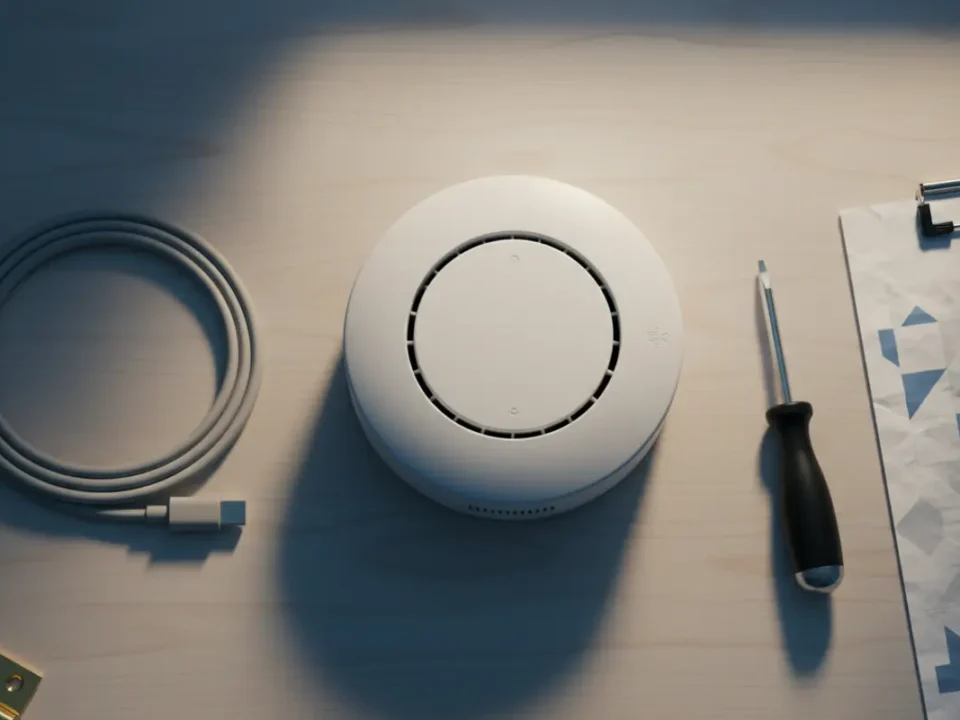 Smoke alarm flat-lay hero shot on a UK office desk for Manchester fire risk assessment blog.
