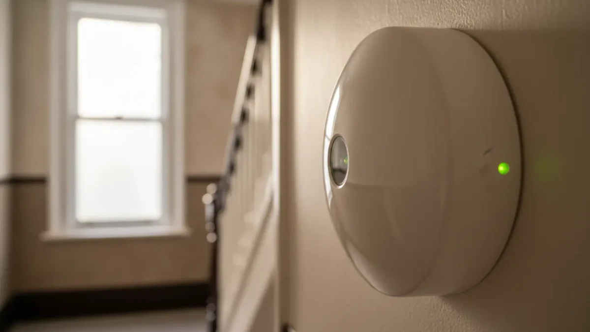 Smoke and heat fire detector in a Manchester terrace hallway, lit softly for HMO fire risk context.