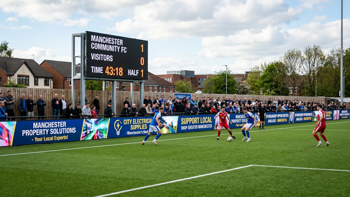 Outdoor modular LED football scoreboard beside a Manchester 3G pitch at dusk.