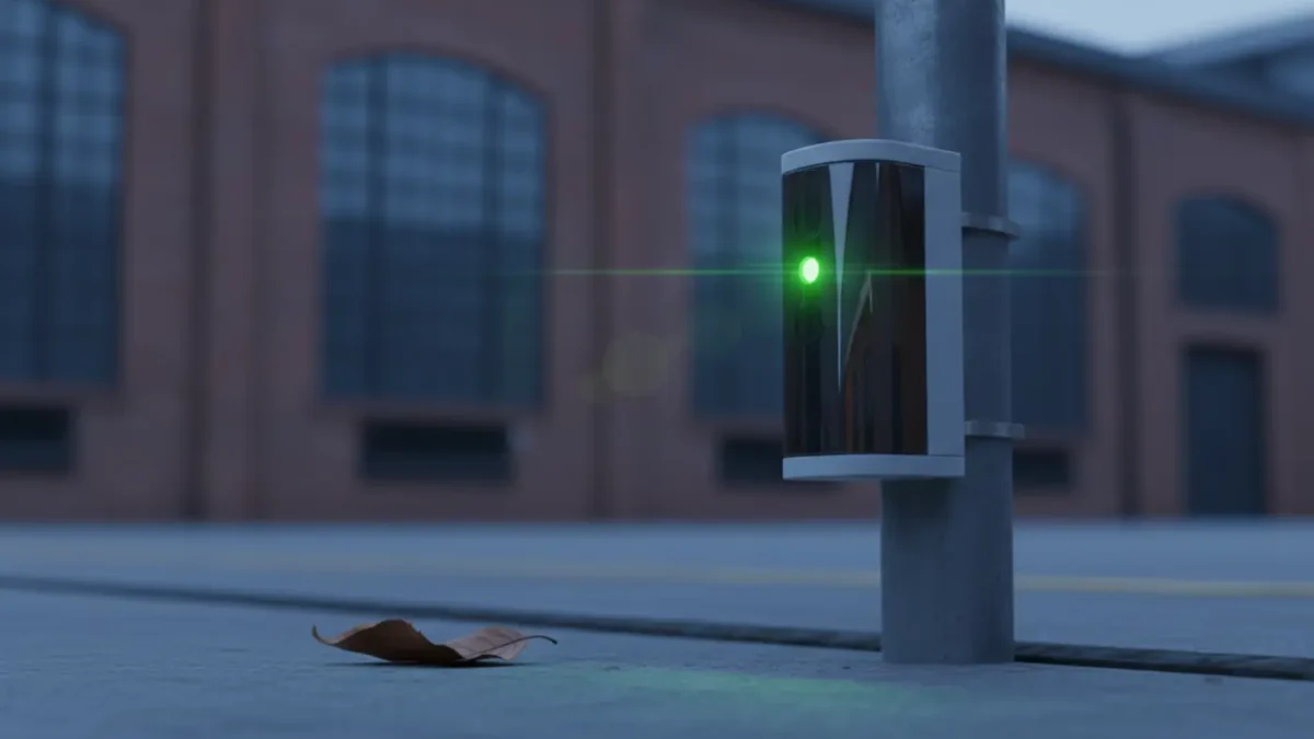 Infrared perimeter beam sensor at a Manchester industrial yard during blue hour.
