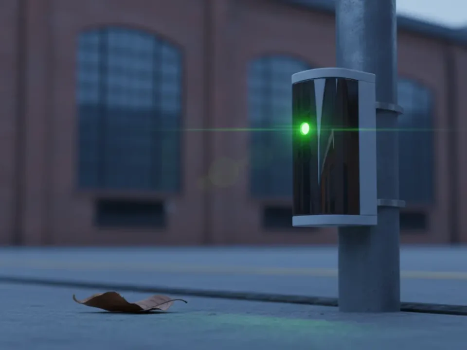 Infrared perimeter beam sensor at a Manchester industrial yard during blue hour.