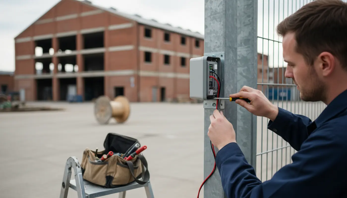 Perimeter Detection for Industrial Sites in Manchester: SSAIB-Approved Engineer installing an infrared perimeter beam sensor on a steel post at a Manchester industrial yard.