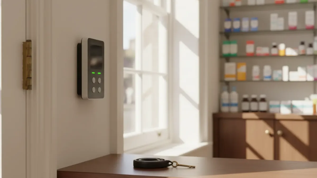 Unbranded Grade 3 intruder alarm keypad in a Manchester pharmacy with soft morning light.