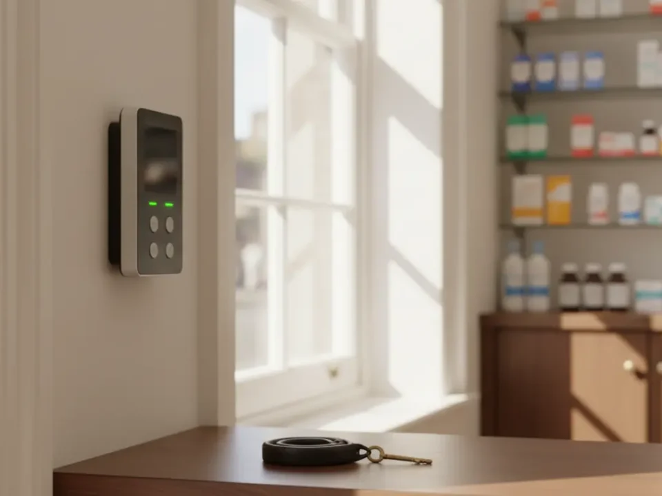 Unbranded Grade 3 intruder alarm keypad in a Manchester pharmacy with soft morning light.