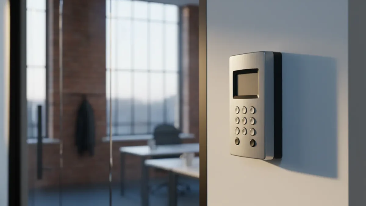 Intruder alarm keypad in a Manchester red-brick office, shown in a cinematic SSAIB maintenance context.