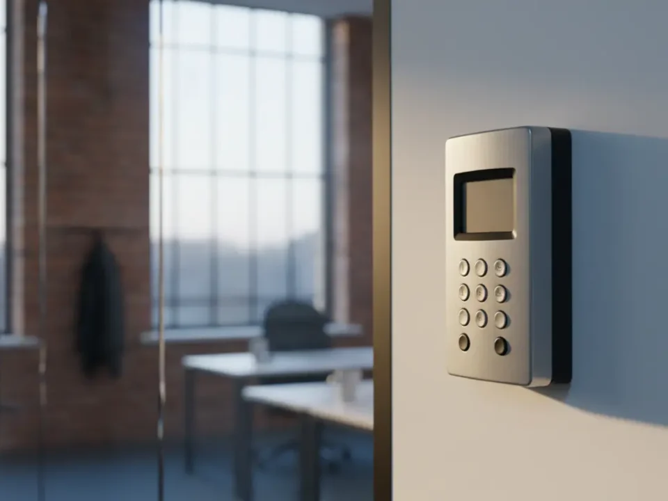 Intruder alarm keypad in a Manchester red-brick office, shown in a cinematic SSAIB maintenance context.