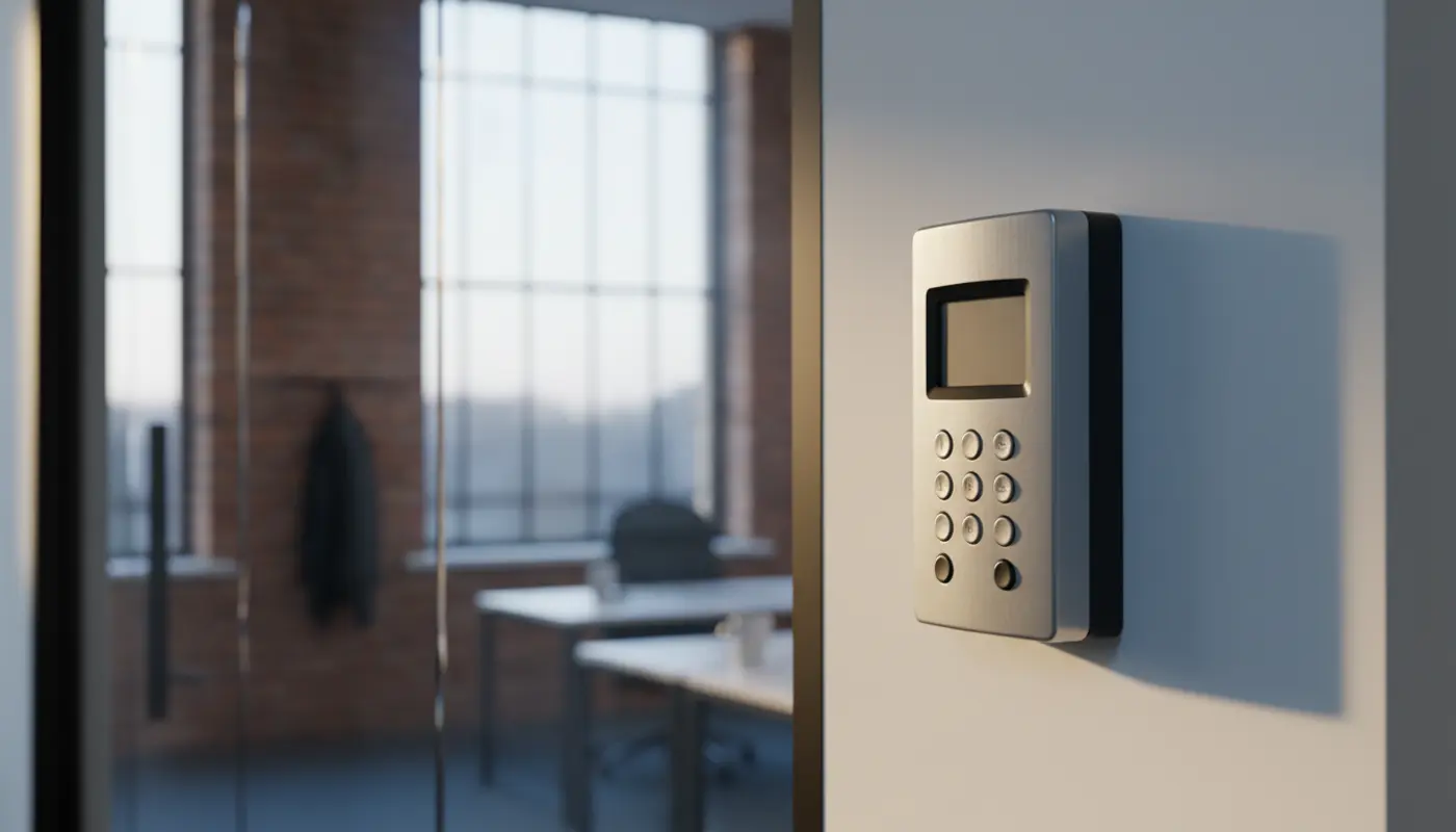 Security Maintenance Contracts in Manchester: SSAIB-Registered Intruder alarm keypad in a Manchester red-brick office, shown in a cinematic SSAIB maintenance context.