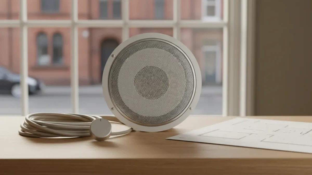 Ceiling speaker on a wooden counter with soft UK light, illustrating retail audio design.