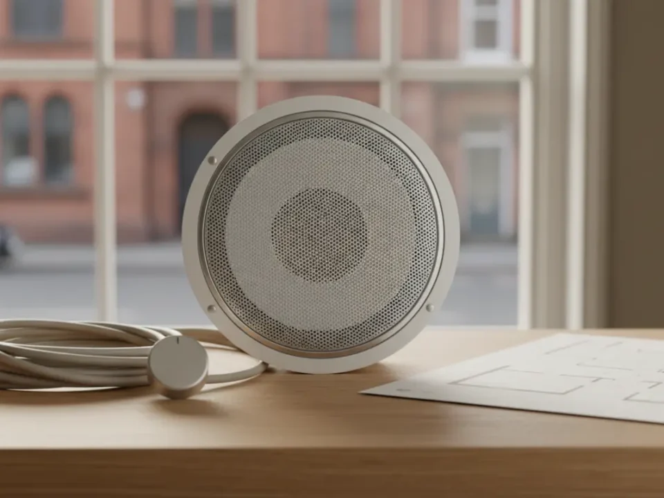 Ceiling speaker on a wooden counter with soft UK light, illustrating retail audio design.