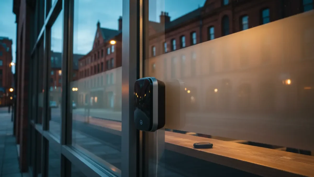 Access control reader at a Manchester gym entrance with blue-hour reflections for 24-hour access control.