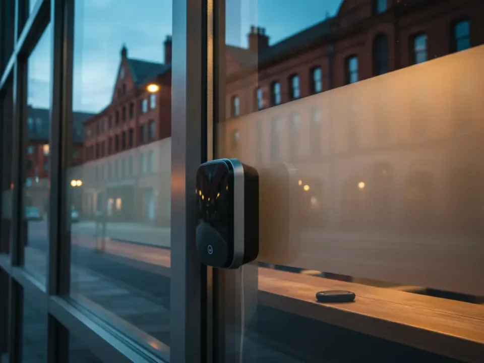 Access control reader at a Manchester gym entrance with blue-hour reflections for 24-hour access control.