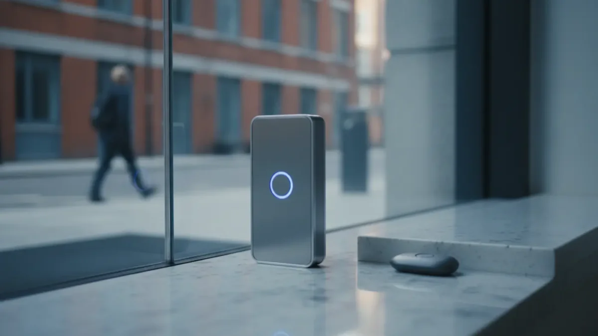 Unbranded office fob reader at a Manchester glass entrance shot in soft morning light.