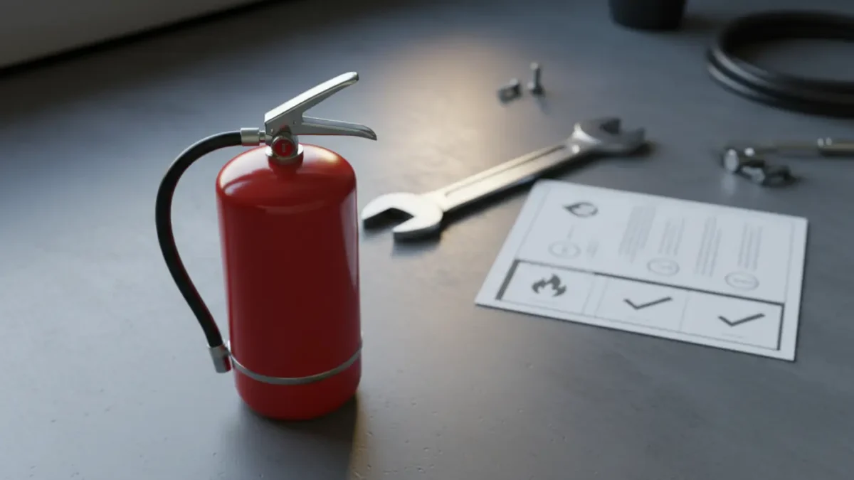Foam fire extinguisher flat‑lay on concrete in a UK garage workshop.