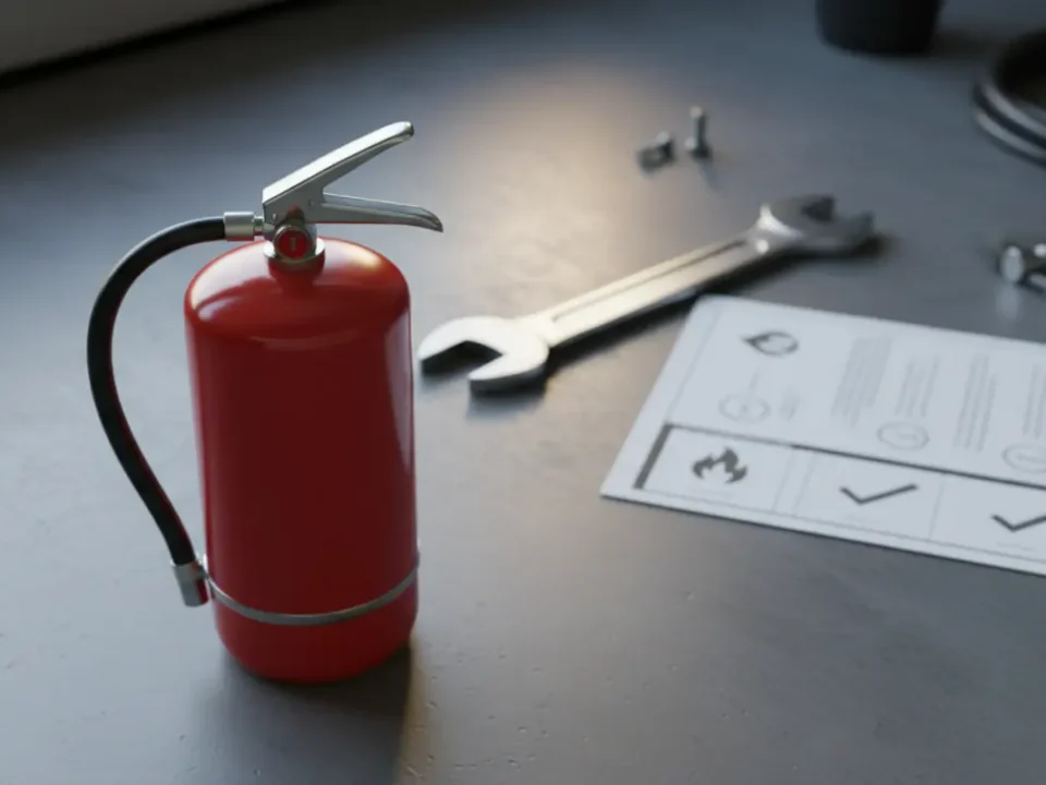 Foam fire extinguisher flat‑lay on concrete in a UK garage workshop.