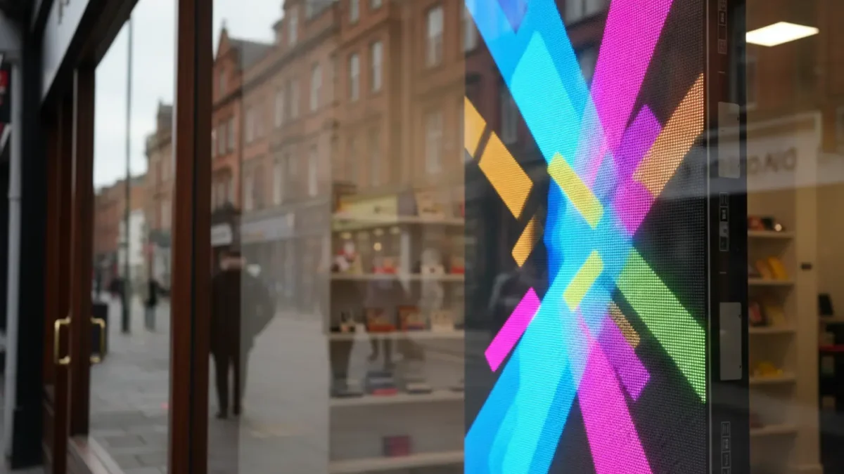 LED retail window screen glowing inside a Manchester shopfront with soft street reflections.