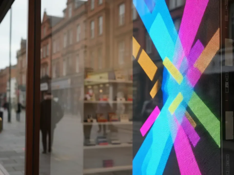 LED retail window screen glowing inside a Manchester shopfront with soft street reflections.