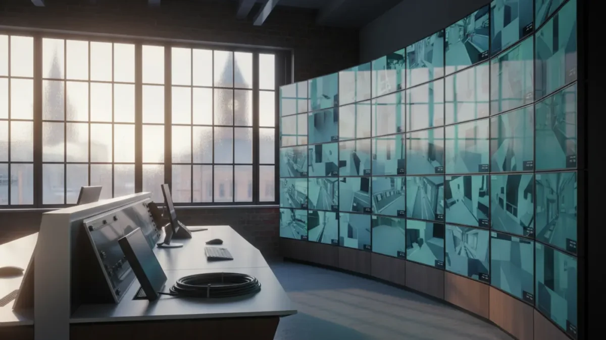 Multi-screen security monitoring wall in a UK office for annual business security compliance.