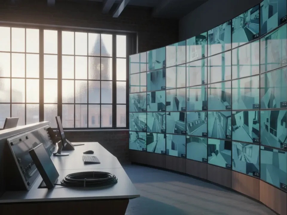 Multi-screen security monitoring wall in a UK office for annual business security compliance.