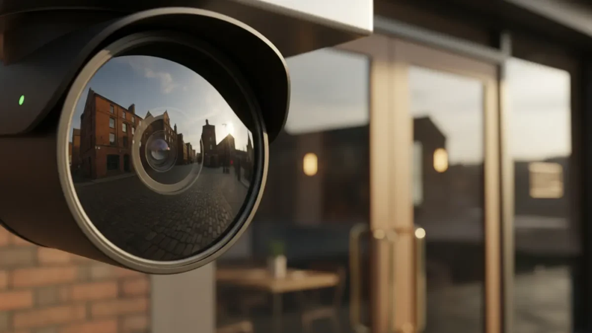 Macro shot of a 4K IP CCTV camera lens inside a Manchester restaurant entrance.