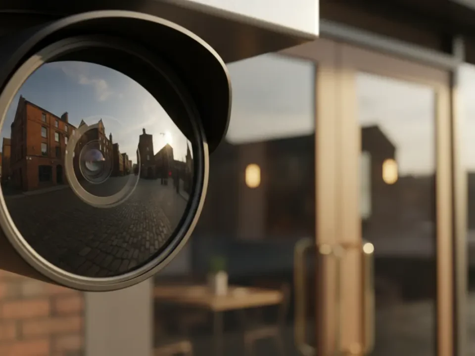 Macro shot of a 4K IP CCTV camera lens inside a Manchester restaurant entrance.