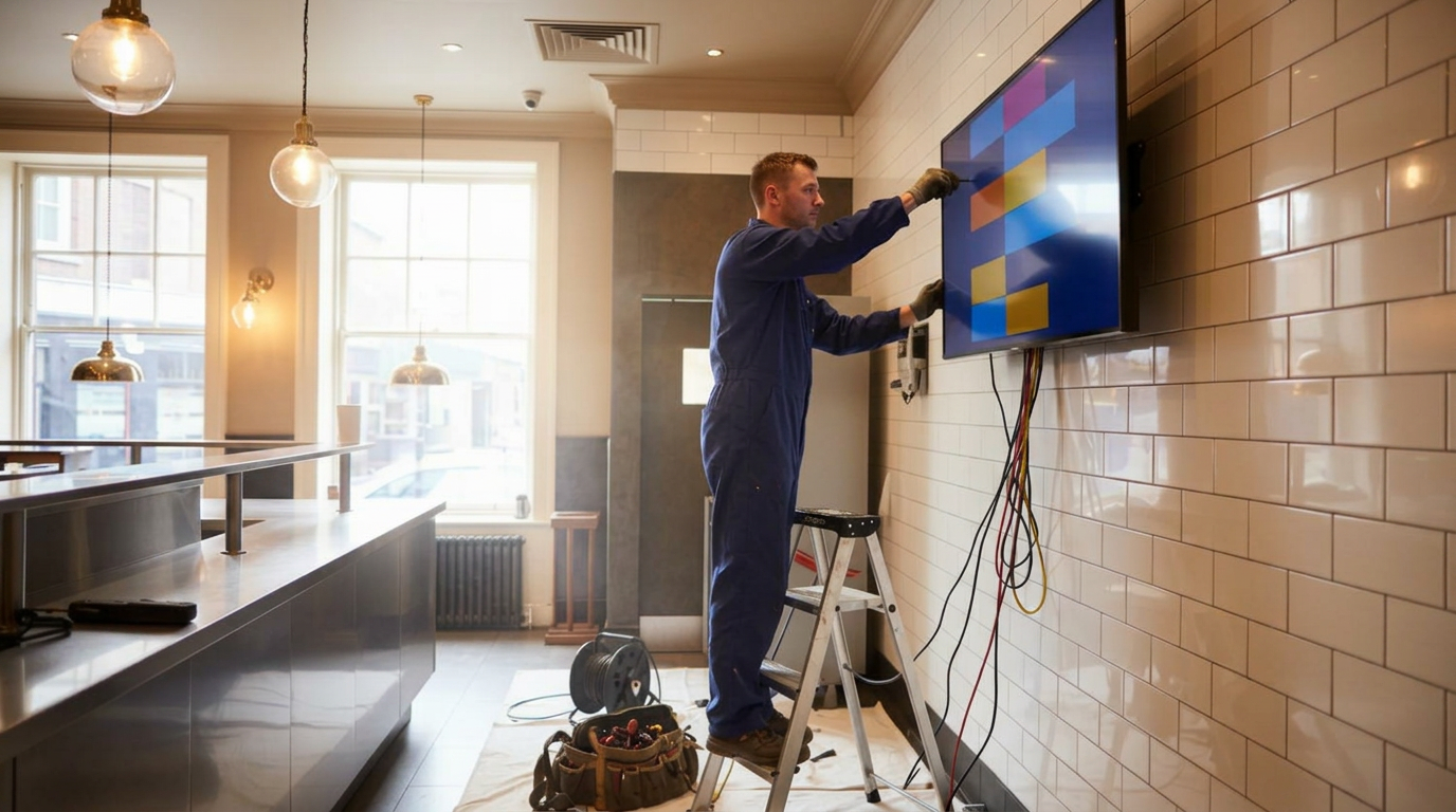 Digital menu boards installed above a restaurant counter in Manchester