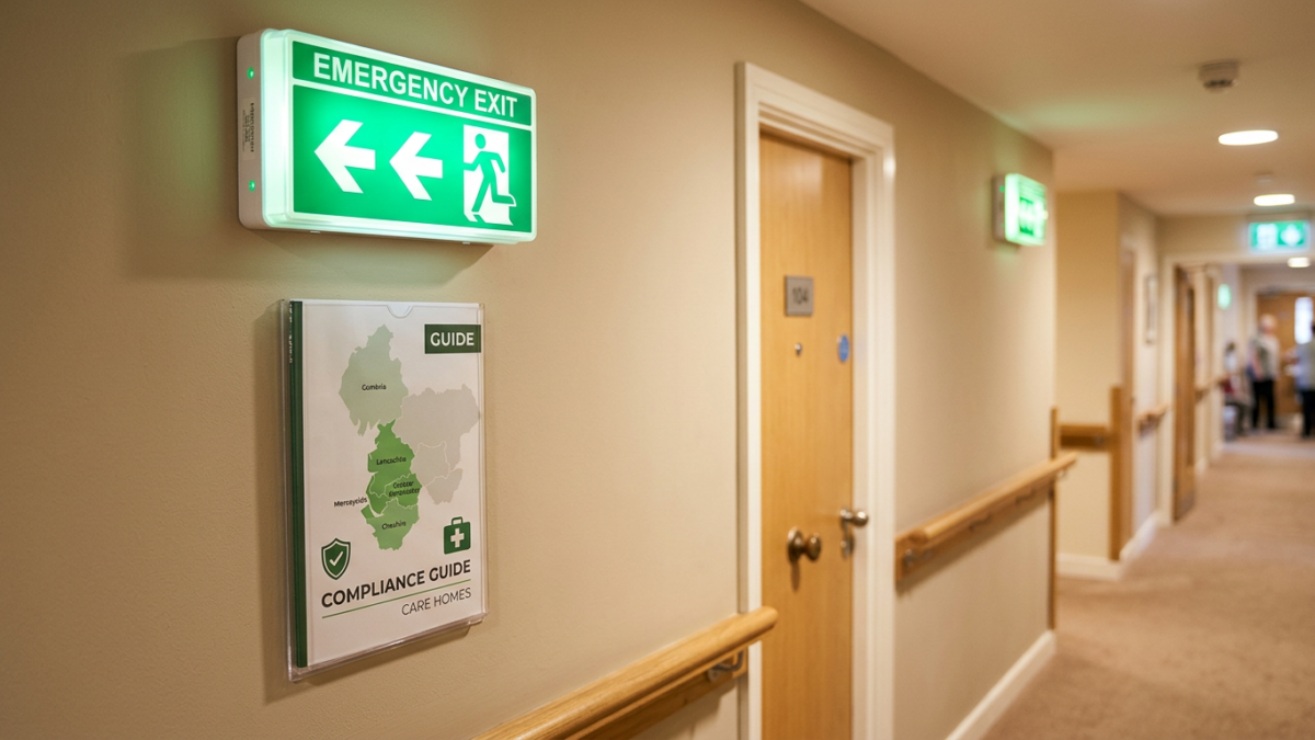 Emergency lighting luminaire in a UK care home corridor for BS 5266 compliance.