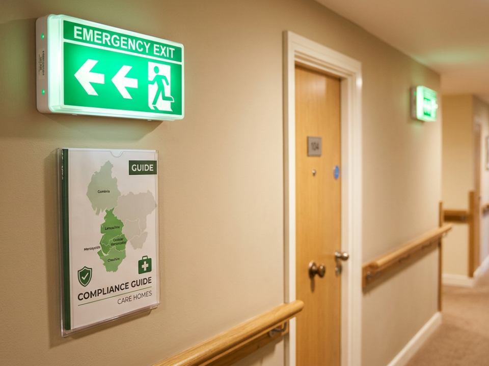 Emergency lighting luminaire in a UK care home corridor for BS 5266 compliance.