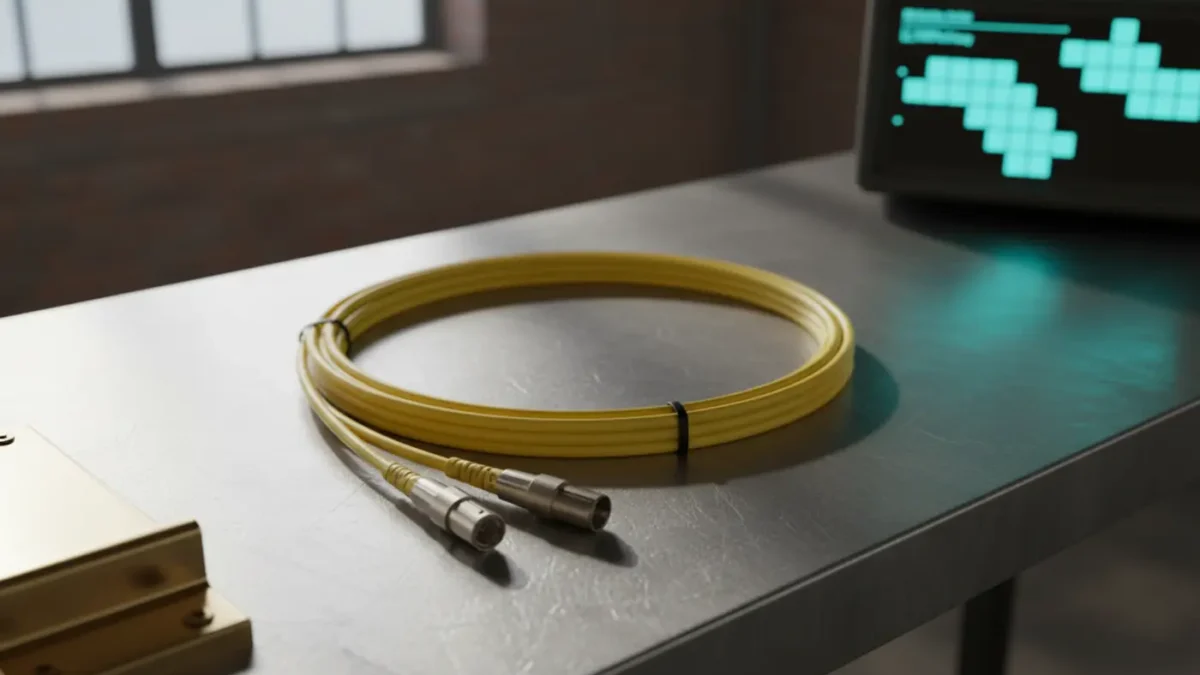 Fibre optic OS2 cabling with LC connectors on a UK warehouse workbench for Manchester installations.